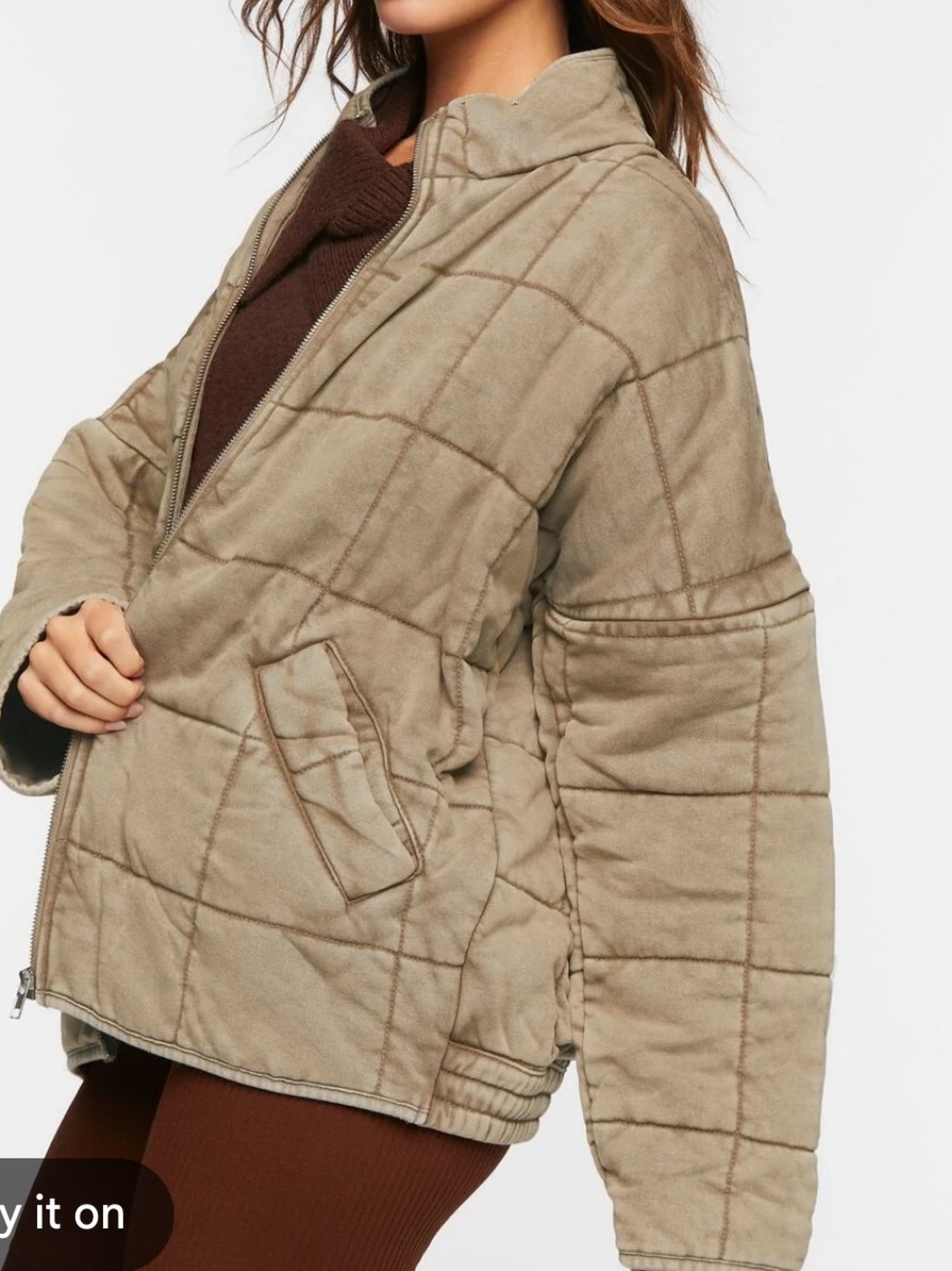 FOREVER 21 QUILTED ZIP UP JACKET TAN LARGE OVERSIZED